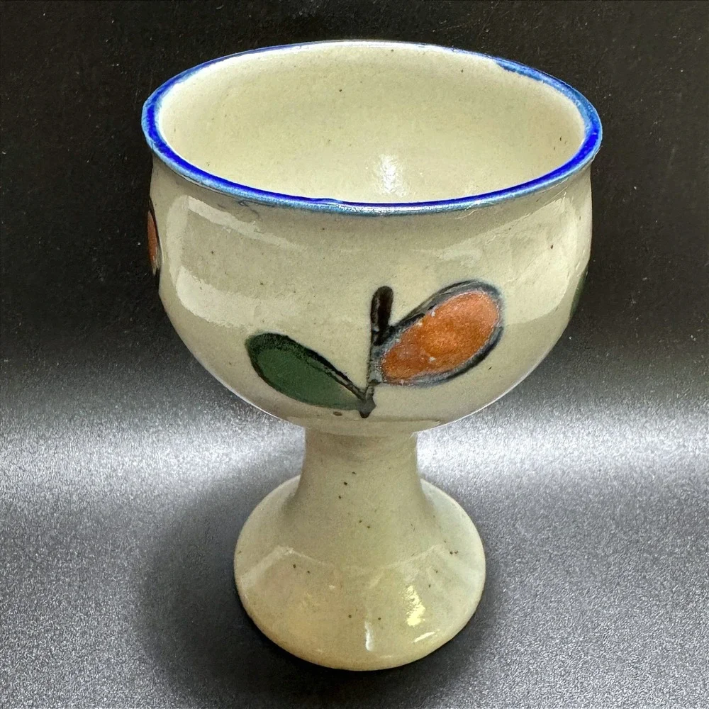 Vintage Pottery Goblet Hand Painted Fruit Speckle Glaze Cobalt Blue Rim Folk Art